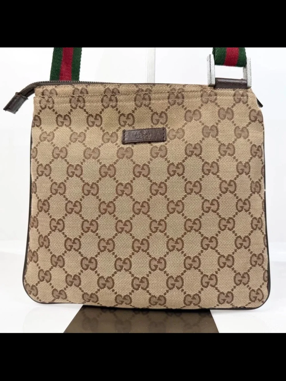 Gucci Brown GG Canvas Messenger Bag with Green-Red Web Strap